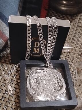 Silver(44 GramSterling Men Chain Necklaces(3) - Polished Cuban & Herringbone Set